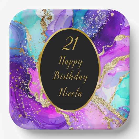 Blue, Purple and Gold Ink Birthday Party Pappteller (Vorderseite)
