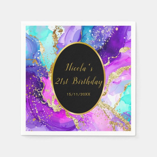 Blue, Purple and Gold Ink Birthday Party Serviette (Vorderseite)