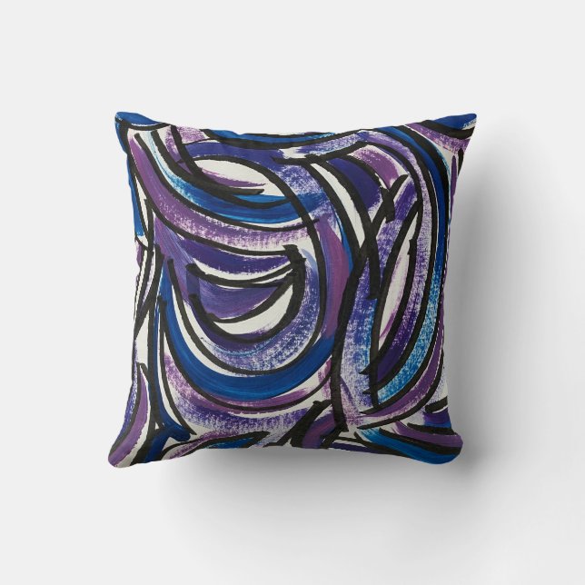 Blue Purple Brushstrokes-Hand Painted Abstract Kissen (Rückseite)