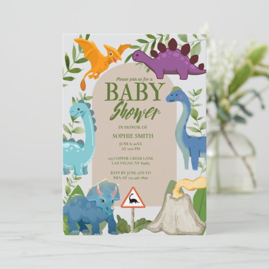 Blue, Purple Dinosaurs, Volcano T-Rex Baby Shower Einladung (Stehend Vorderseite)