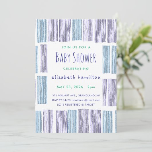 Blue & Purple Drawn Stripes Baby Shower Invitation Einladung (Stehend Vorderseite)