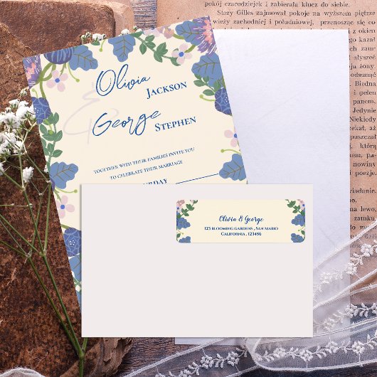 Blue Purple Floral Wedding  Return Address Label