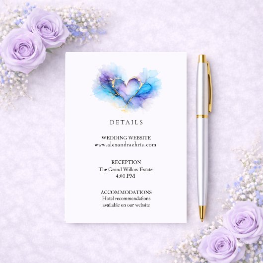 Blue Purple Gold Abstract Heart Wedding Details Begleitkarte