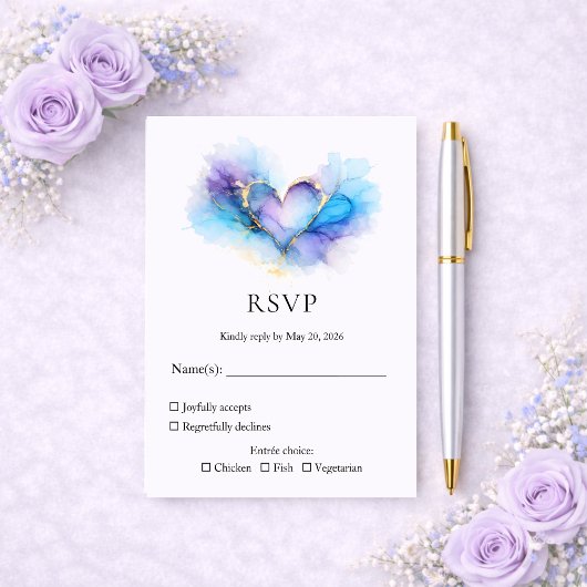 Blue Purple Gold Abstract Heart Wedding RSVP Karte