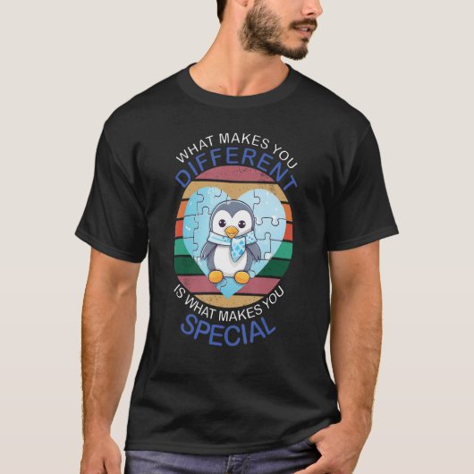 Blue Puzzle Autism Child Awareness Penguin T-Shirt (Vorderseite)