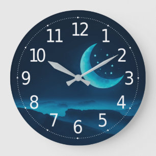 Blue Quarter Moon and Mountains   Wall Clock Große Wanduhr