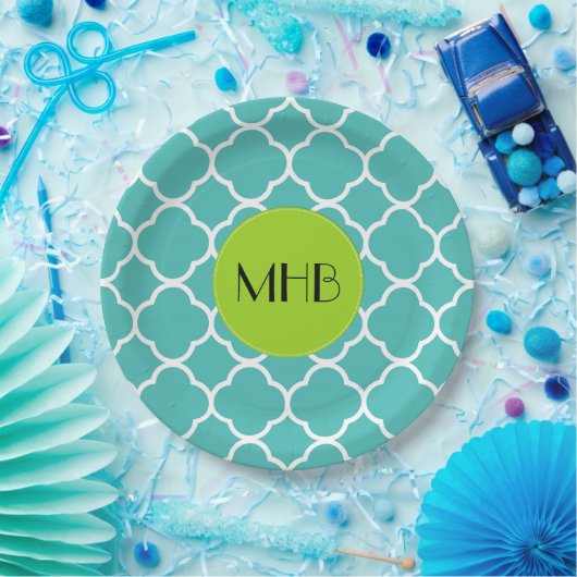 Blue Quatrefolie, marokkanische Trellis, Monogramm Pappteller (Party)