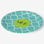 Blue Quatrefolie, marokkanische Trellis, Monogramm Pappteller (Schrägansicht)