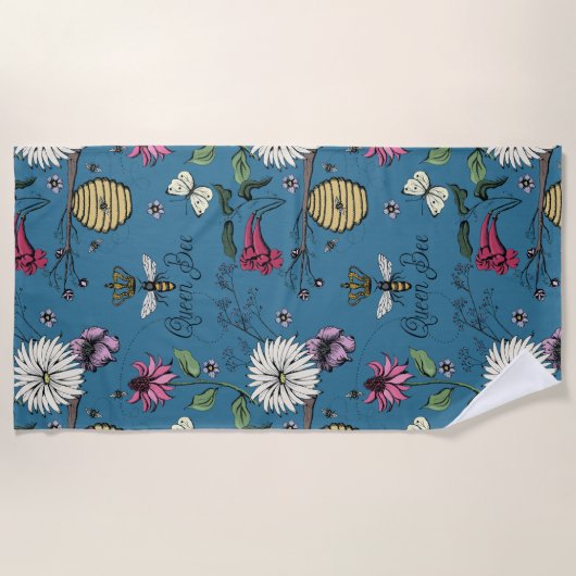 Blue Queen Bee Floral Pattern Strandtuch (Vorderseite)