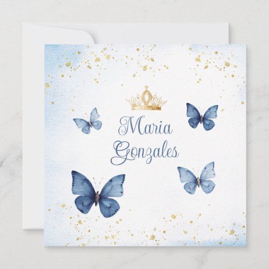 Blue Quinceañera 15 Anos Butterfly Gold Glitzer Einladung (Rückseite)
