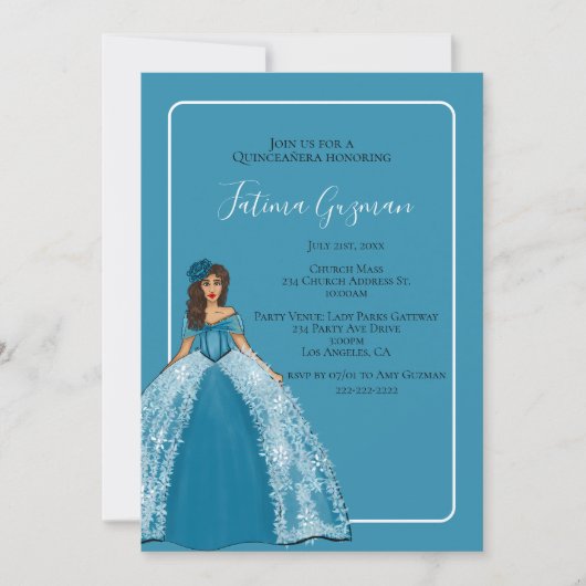 Blue Quinceañera mit Blume ruhig Einladung (Vorderseite)