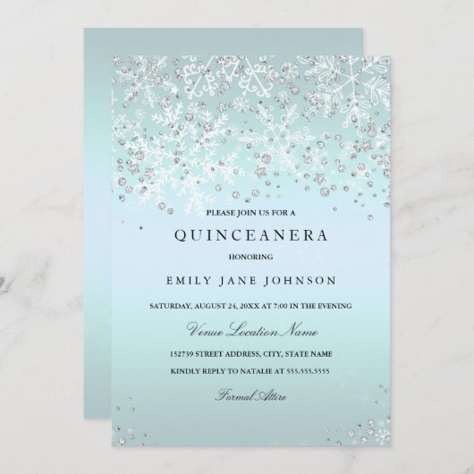 Blue Quinceanera Winter Wonderland Schneeflocken Einladung (Vorne/Hinten)