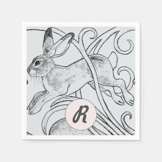 Blue Rabbit Bunny Hare Ostermonogram Art Deco Serviette (Vorderseite)