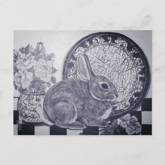 Blue Rabbit Bunny Still Life Malerei Dedham Plate Postkarte (Vorderseite)