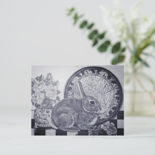 Blue Rabbit Bunny Still Life Malerei Dedham Plate Postkarte (Stehend Vorderseite)