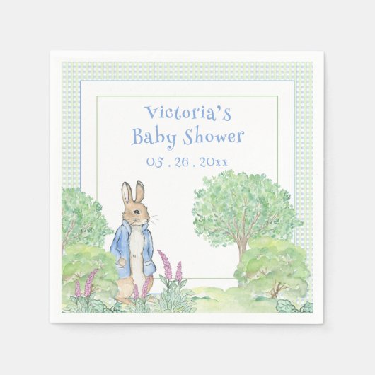 Blue Rabbit Gingham Watercolor Baby Dusche Serviette (Vorderseite)