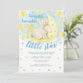 Blue Rabbit Gold Twinkle Little Star Baby Dusche Einladung (Stehend Vorderseite)