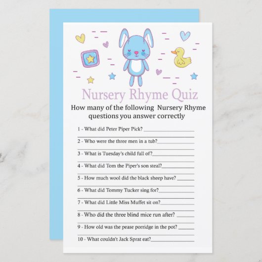 Blue Rabbit Kinderzimmer Rhyme Quiz Babyduschenspi (Vorne/Hinten)