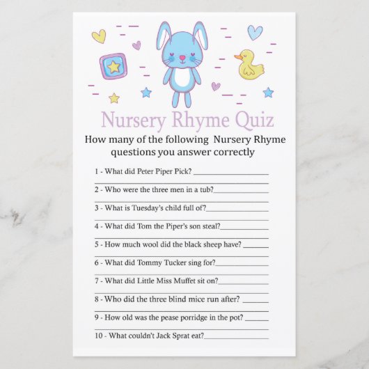 Blue Rabbit Kinderzimmer Rhyme Quiz Babyduschenspi (Vorderseite)