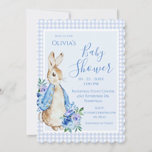 Blue Rabbit Watercolor Babydusche Einladung (Vorderseite)