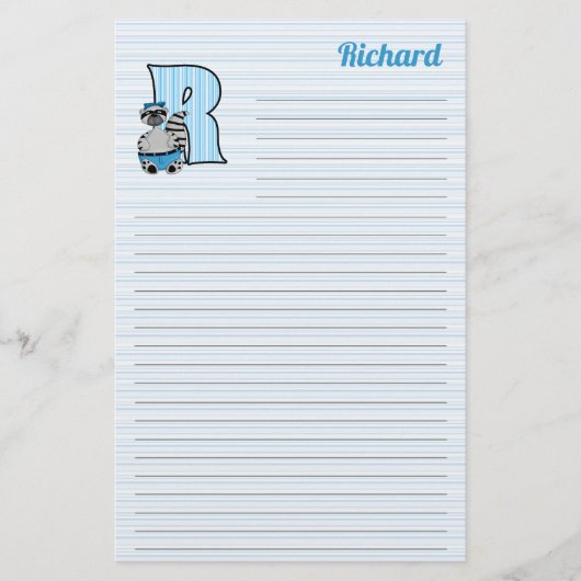 Blue Raccoon Mongram Letter R mit Name Linken Briefpapier (Vorderseite)