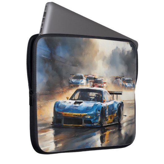 Blue Race Auto mit Sun Rising Laptopschutzhülle (Vorne Rechts)