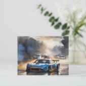 Blue Race Auto mit Sun Rising Postkarte (Stehend Vorderseite)