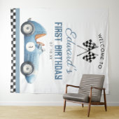 Blue Race Car 1st Birthday Photo Backdrop Wandteppich (Beispiel (Horizontal))