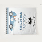 Blue Race Car 1st Birthday Photo Backdrop Wandteppich (Vorderseite (Horizontal))