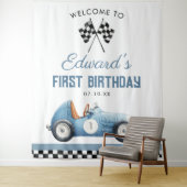 Blue Race Car 1st Birthday Photo Backdrop Wandteppich (Beispiel)