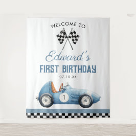 Blue Race Car 1st Birthday Photo Backdrop Wandteppich