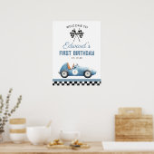 Blue Race Car 1st Birthday Welcome Sign Poster (Küche)