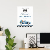 Blue Race Car 1st Birthday Welcome Sign Poster (Heimbüro)
