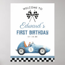 Blue Race Car 1st Birthday Welcome Sign
