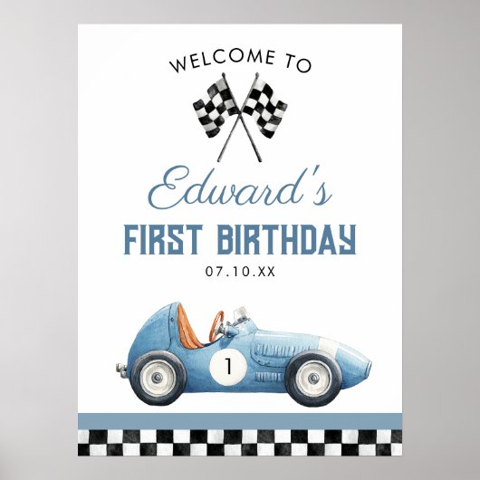 Blue Race Car 1st Birthday Welcome Sign Poster (Vorne)