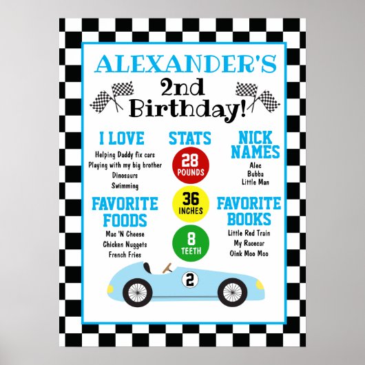 Blue Race Car 2. Geburtstag Milestone Poster (Vorne)
