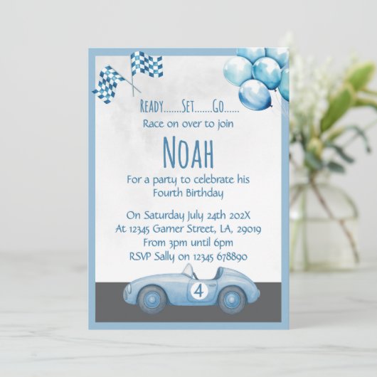 Blue Race Car 4th Birthday Party Invitation Einladung (Stehend Vorderseite)