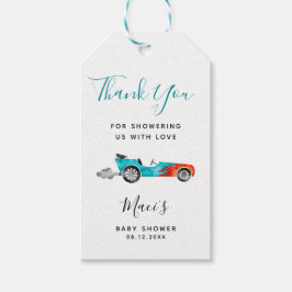Blue Race Car Baby Shower Tags Geschenkanhänger