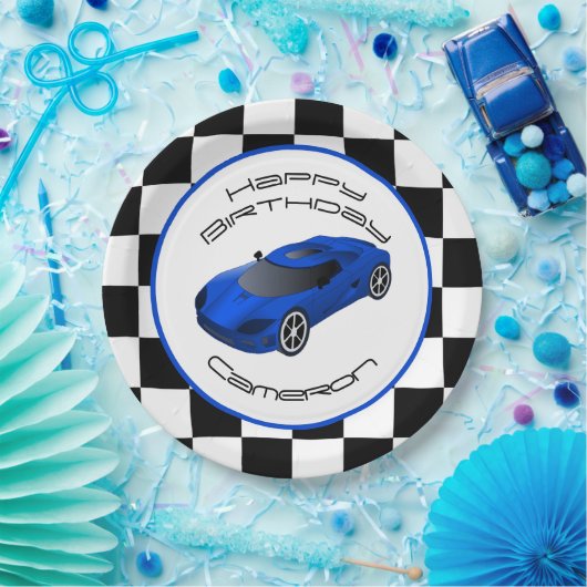 Blue Race Car | Benutzerdefinierte Geburtstagspart Pappteller (Party)