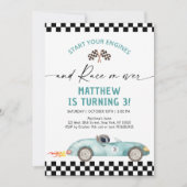 Blue Race Car Birthday Einladung (Vorderseite)