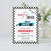 Blue Race Car Birthday | Fünf Geschwindigkeiten be Einladung (Stehend Vorderseite)
