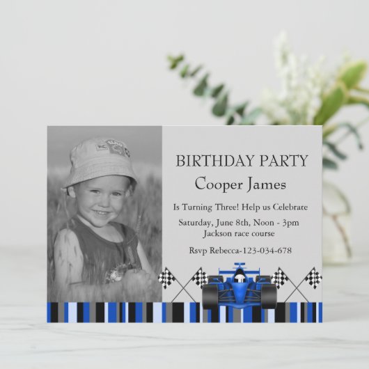 Blue Race Car Birthday Invite Einladung (Stehend Vorderseite)