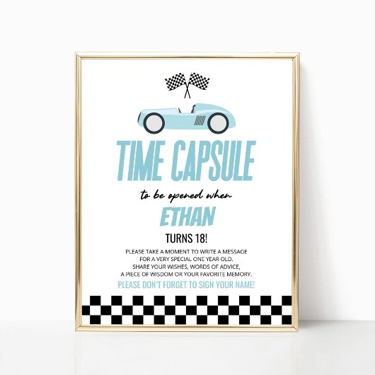 Blue Race Car Birthday Party Time Kapsel Zeichen Poster