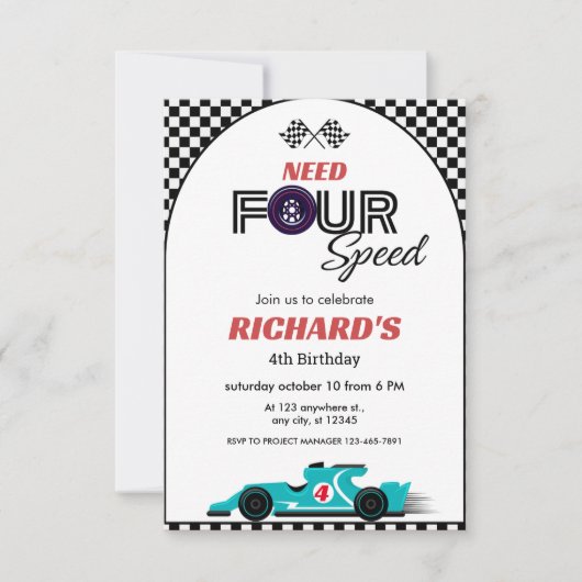 Blue Race Car Birthday | Vierfache Geschwindigkeit Einladung (Vorderseite)