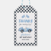 Blue Race Car Boy 1. Geburtstag Geschenkanhänger (Rückseite)