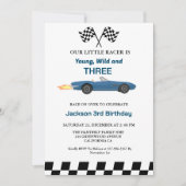 Blue Race Car Boy 3. Geburtstag Party Einladung (Vorderseite)