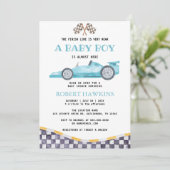 Blue Race Car Boy Baby Dusche Einladung (Stehend Vorderseite)