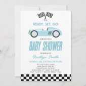 Blue Race Car Checkered Race Flag Babydusche Einladung (Vorderseite)