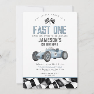 Blue Race Car Fast 1 1. Geburtstag Party Einladung