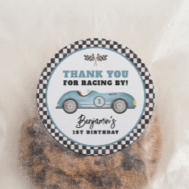 Blue Race Car Fast One Boy Birthday Party Runder Aufkleber